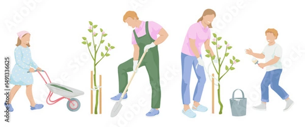 Fototapeta Family working in the garden. Man with a shovel digs on, women ties the apple saplings to a wooden peg, girl with garden wheelbarrow, Boy with brush for whitewashing apple tree.