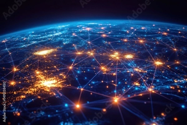 Fototapeta Bright interconnected network of glowing nodes and lines over a digital representation of a curved Earth surface in a dark space environment