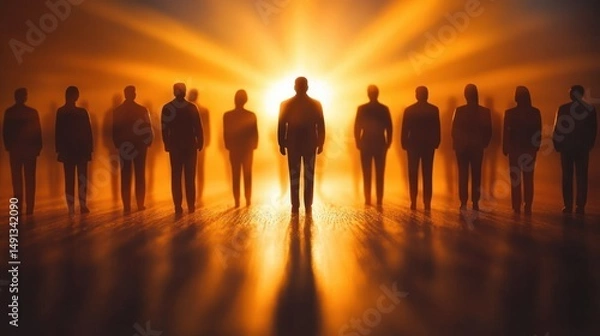 Fototapeta Silhouettes of standing figures with one illuminated from behind by radiant golden light emitting strong shadows and a glowing warm ambiance