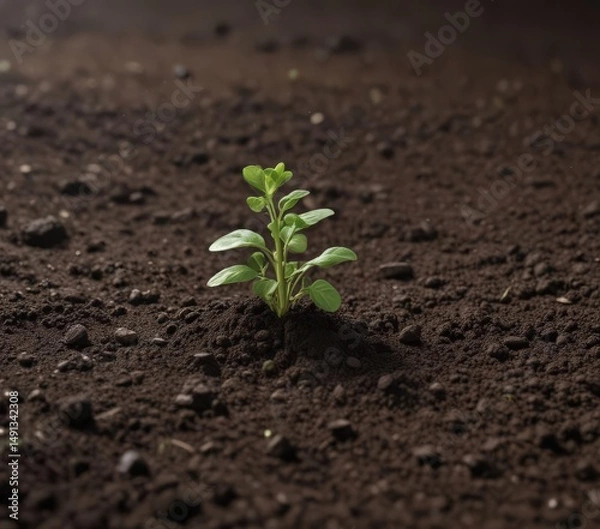 Obraz Pea sprout pushing through rich dark soil, early growth stage,  spring,  macro,  nature