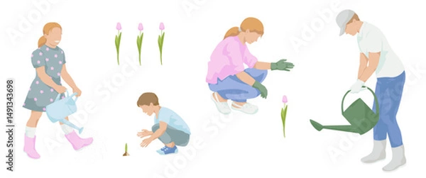 Fototapeta Family working in flower garden, woman in work clothes  squatting to gardening, Man  watering with watering can, Girl with a watering can, boy gardening flower sprout