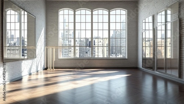 Obraz Sunlit dance studio with city view, hardwood floors, and mirrors