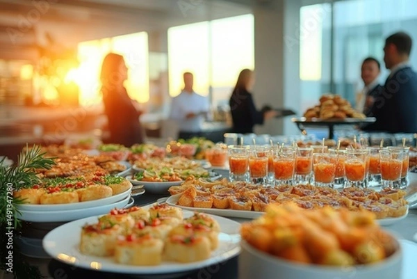 Fototapeta Close-up of various appetizers and finger foods arranged on a buffet table with blurred people socializing in the background during a bright indoor event