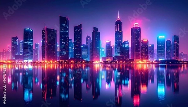 Fototapeta Neon Cityscape Night Reflection.