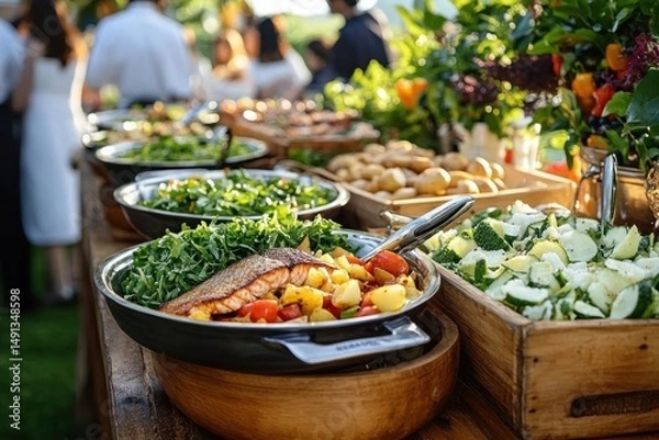 Fototapeta Outdoor buffet with variety of fresh salads, roasted vegetables, grilled fish, and bread on wooden table during sunny event with people in background