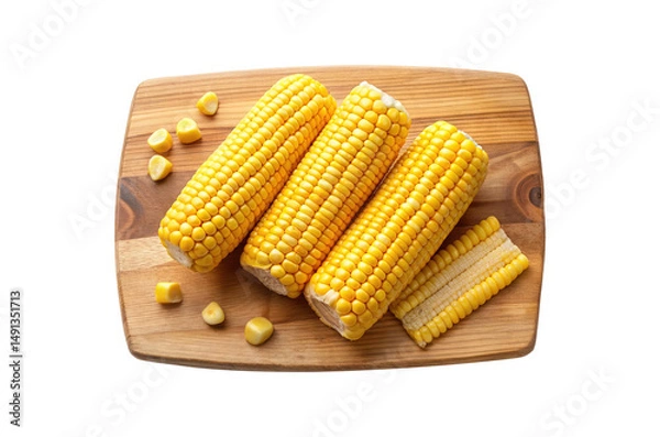 Fototapeta Three ears of corn on the cob and cut kernels on wood cutting board