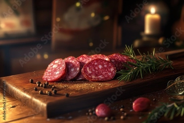Obraz Slices of dark red salami, seasoned with peppercorns and rosemary, rest on a rustic wooden board, illuminated by warm light, with a blurred festive background