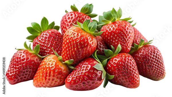 Fototapeta Pile of fresh and ripe red strawberries with green leaves on white