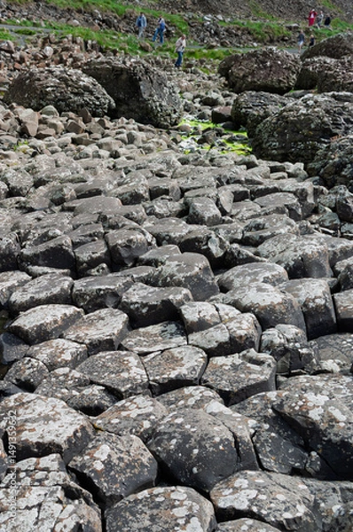 Fototapeta A rocky area with a lot of rocks and a few people walking around