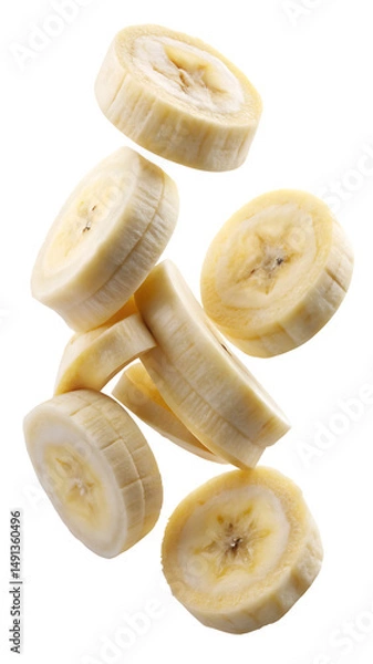 Fototapeta A cascade of sliced bananas suspended in air against a white background