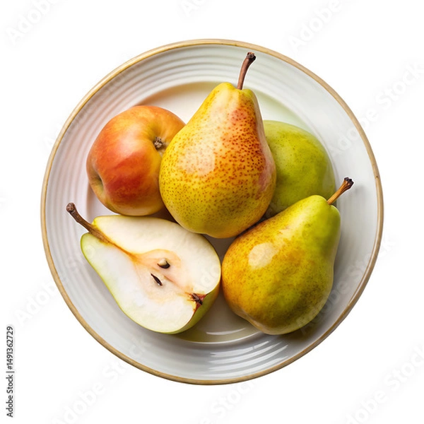 Fototapeta Fresh pears and apple arrangement on a rustic plate, top view