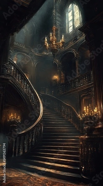 Fototapeta A grand, dark wood spiral staircase ascends in a dimly lit, antique mansion.  Candles and a chandelier cast warm light, highlighting ornate carvings and a high arched window