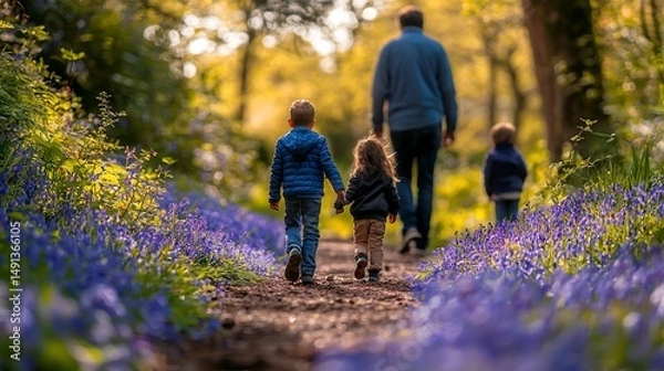 Fototapeta Family strolls along a path, surrounded by vibrant bluebells in a sun-drenched forest