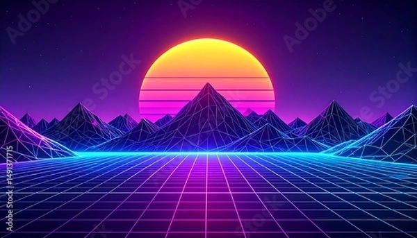 Fototapeta Retro Sunset with Synthwave Landscape.