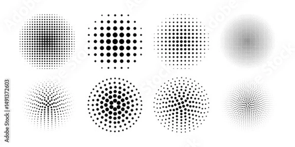 Fototapeta Set of dotted circles with halftone fade effect. Round shapes with polka dot pattern isolated on white background. Circular design elements with spotted texture. Vector graphic illustration.