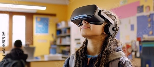 Fototapeta Girl in classroom using VR headset.