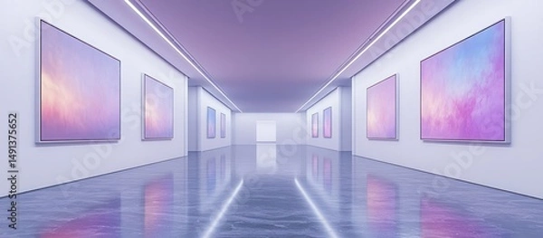 Fototapeta Modern art gallery with pastel paintings and shiny floor.