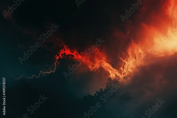 Fototapeta Sky covered with dark clouds, with red fire visible behind them