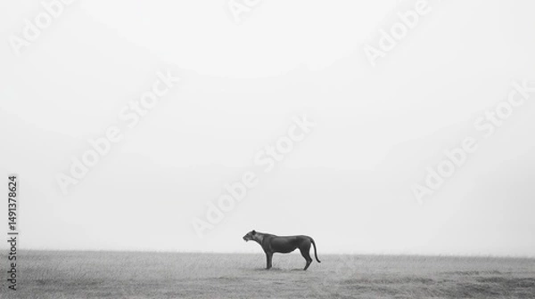 Fototapeta Minimalistic landscape with a silhouette of a lioness on the grass in black and white