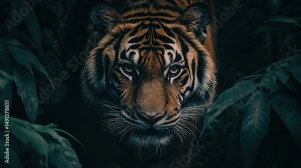 Fototapeta Close-up portrait of an adult tiger's face peeking out from green leaves with an intense gaze