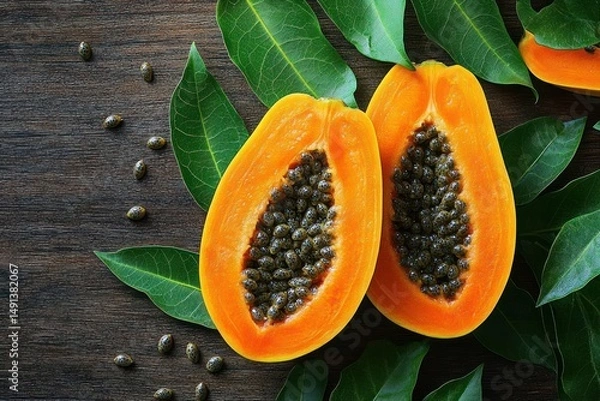 Obraz Two halves of ripe papaya fruit with seeds surrounded by green leaves on a wooden surface