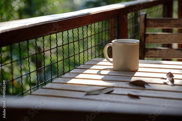Obraz a coffee cup and many dried leaves on wooden table and chair at balcony with blurred green trees in background in afternoon