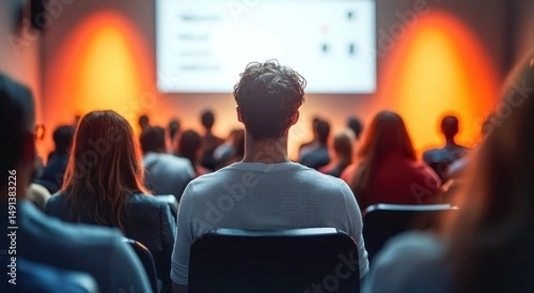 Obraz Audience of people attentively watching a presentation or lecture in a dimly lit room with orange background lighting