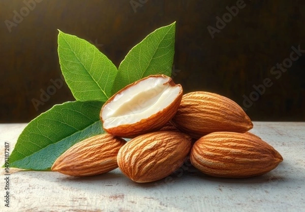 Obraz Close-up of five whole almonds and one almond split open showing the creamy white interior with three green leaves on a rustic light surface