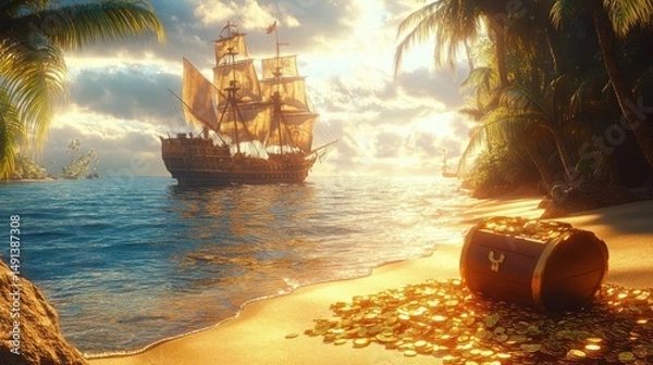 Obraz Golden sunlight illuminating a tropical beach with a treasure chest full of gold coins spilling onto the sand and a large sailing ship with billowing sails anchored in the calm sea near palm trees