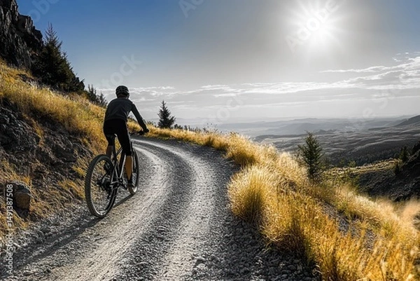 Obraz Person cycling uphill on a winding gravel mountain road under bright sunlight with scenic valley and distant mountains in the background