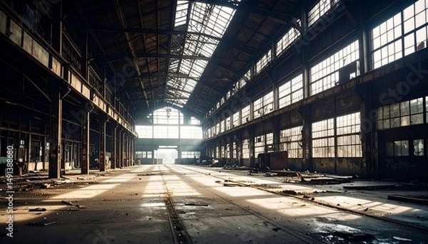 Fototapeta Sunlit Abandoned Factory Interior.