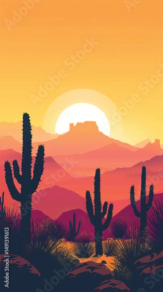 Fototapeta Cacti in a desert landscape. silhouette illustration
