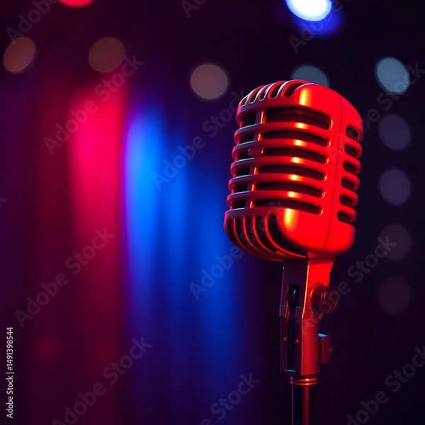 Fototapeta microphone with bokeh light background stand up comedy show karaoke or singing contest background for poster design open mic and jokes show