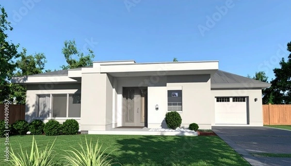 Fototapeta Modern dream Singlestory home bathed in sunlight with nestled on green lawn.
