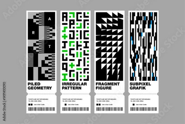 Obraz Graphic ticket template inspired brutalist vector layout with glitch geometry and bold typography for experimental poster digital artwork album cover banner pixel square triangle pattern futurism tech