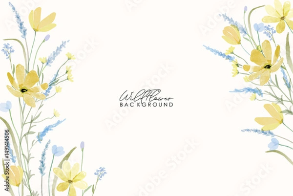 Obraz Spring yellow and blue wildflowers watercolor botanical frame background. Spring and summer Background watercolor arrangements with small flower. Botanical illustration minimal style.