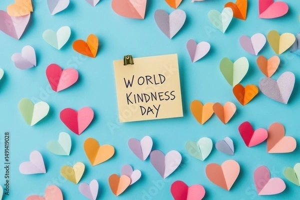 Fototapeta World kindness day message with paper hearts on a blue background
