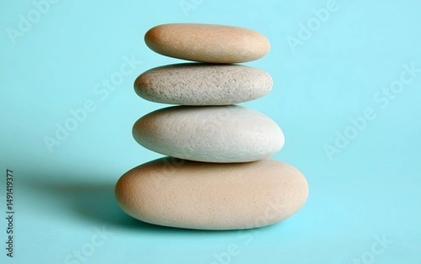Obraz Stack of Balanced Stones on Turquoise Background - Zen Spa Serenity