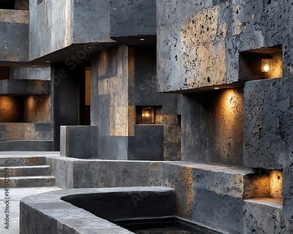 Fototapeta Modern Brutalist Architecture with Dramatic Lighting  Concrete Facade with Urban Design.