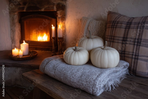 Obraz White pumpkins on folded wool blanket with plaid pillow near burning fireplace and candles in cozy rustic interior