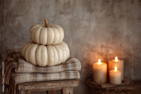 Obraz Stacked white pumpkins on folded plaid wool blanket with burning candles in rustic interior