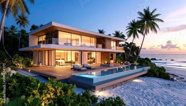 Fototapeta Oceanfront Dream Modern Villa with Infinity Pool at Twilight Paradise.