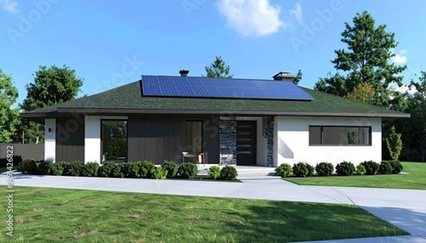 Fototapeta Modern Ranch House Design with Solar Panels Sustainable Home Architecture