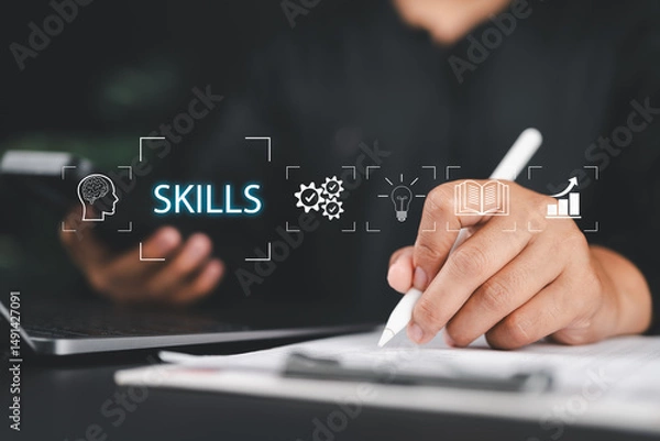 Fototapeta Up skill and personal development concept. Human resource development, leadership thinking upskill competency, creativity and problem solving. Businessman touching Skills icon on virtual screen.