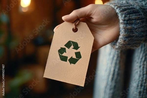 Fototapeta Hand holding a recycled paper tag with green recycling symbol against a blurred warm background, evoking sustainability and eco-friendly awareness