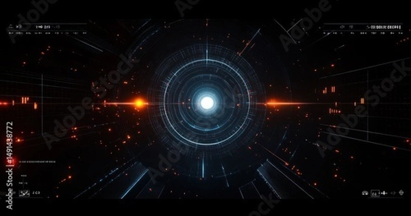 Fototapeta Futuristic digital interface with glowing concentric circles and radial lines in dark space emitting bright white and orange light, suggesting advanced technology and data processing