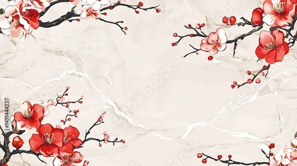 Fototapeta Cherry Blossom Branches on Marble Texture
