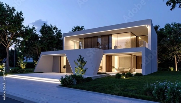 Fototapeta Modern Villa Dusk Sleek Architecture with Luminous Home, and Serene Evening.