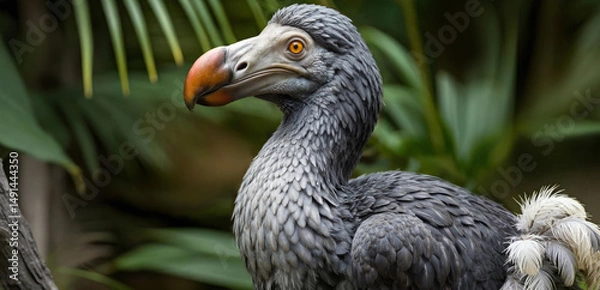 Fototapeta A hyper-realistic 3D rendering of a dodo bird in its natural forest habitat on Mauritius Island, showcasing intricate details of the extinct bird’s head and torso...