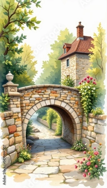 Fototapeta Charming Stone Bridge Leading to Quaint House Surrounded by Lush Greenery and Vibrant Flowers in a Serene Setting